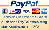 Bezahlen Sie sicher mit PayPal. Auch ohne PayPal-Anmeldung über Kreditkarte oder ELV!